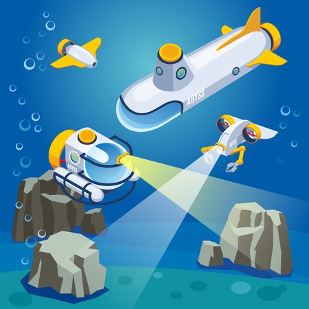 Underwater vehicles including unmanned equipment and submarine, composition on blue background isometric vector illustrationのイラスト素材