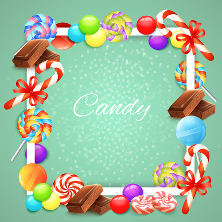 Candies white square frame with chocolate, lollipops, sweet canes with ribbons on pale green background vector illustrationのイラスト素材