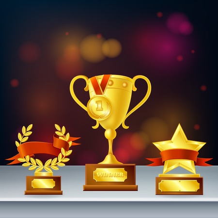Awards realistic composition with trophies for winner, laurel wreath and star on dark blurred background vector illustrationのイラスト素材