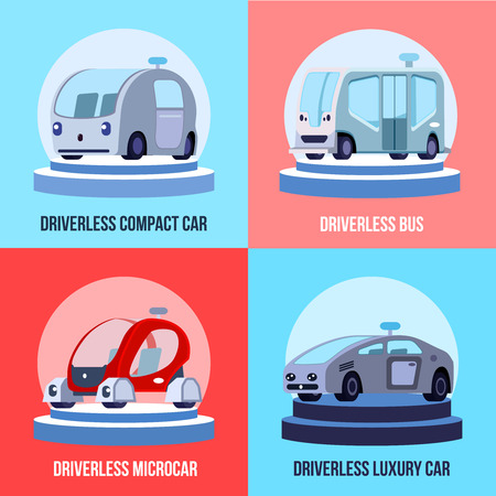 Autonomous driverless vehicles 4 colorful background icons square with compact luxurious car and bus isolated vector illustrationのイラスト素材