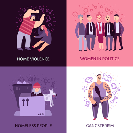 Social problems 2x2 design concept set of home violence gangsterism homeless people women in politics square icons flat vector illustrationのイラスト素材