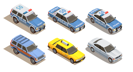 Public city transport isometric composition with set of six cars with three kinds of car bodies vector illustrationのイラスト素材