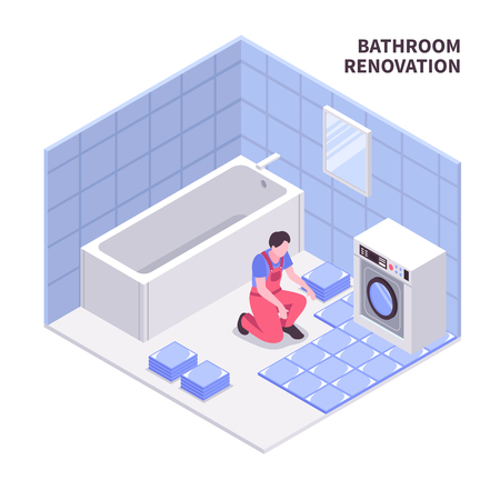 Bath room repair isometric composition in white blue color with laying tiles, sanitary equipment, vector illustrationのイラスト素材
