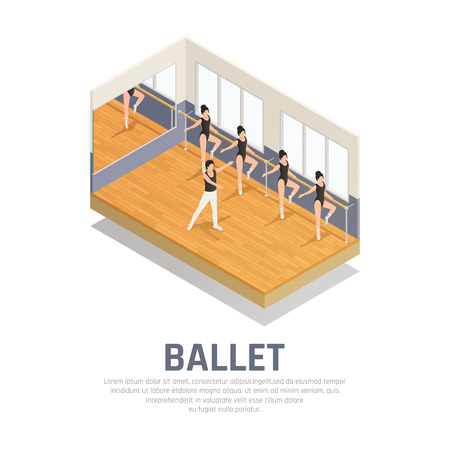 Theatre isometric icons composition with editable text and human characters of ballet dancers in rehearsal hall vector illustrationのイラスト素材