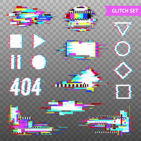 Set of simple geometric forms and digital elements in distorted glitch style on transparent background vector illustrationのイラスト素材