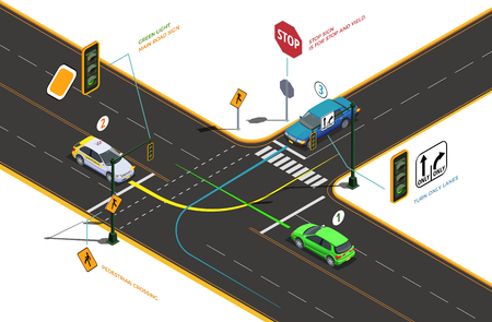 Driving school isometric composition with conceptual pictograms colourful arrows text captions and cars on road intersection vector illustration