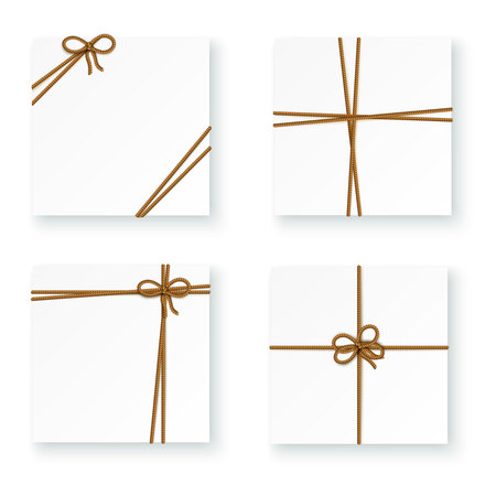 White parcel package box tying up rope cord knots 4 realistic top view images isolated vector illustrationのイラスト素材
