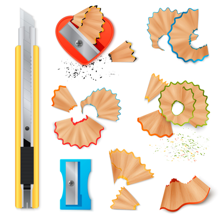 Realistic set of stationery with sharpener knife for pencils sharpening and shavings isolated icons on white background vector illustrationのイラスト素材