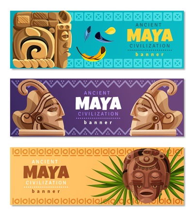 Maya civilization horizontal banners with symbols of traditional mayan culture history and religion isolated vector illustrationのイラスト素材