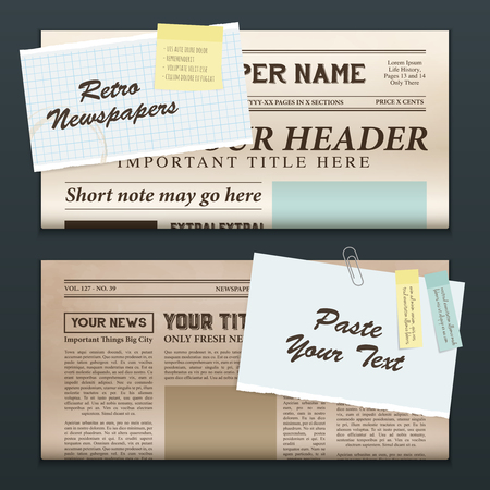 Vintage newspapers templates 2 top half front pages realistic retro horizontal banners set isolated vector illustrationのイラスト素材