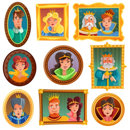 Cartoon collection of princesses and queens portraits in vintage frames on white wall isolated vector illustrationのイラスト素材