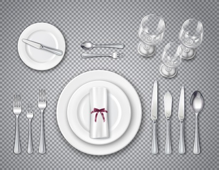 Table etiquette top view transparent set with elements of serving for one person realistic  vector illustrationのイラスト素材