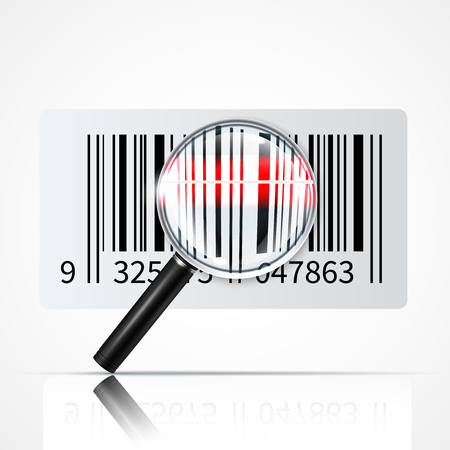 Linear bar code and magnifier for reading information with reflection on white background realistic vector illustrationのイラスト素材