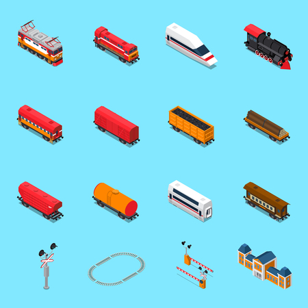 Isometric rail road elements including locomotives, passenger and freight wagons, traffic sign, station isolated vector illustrationのイラスト素材