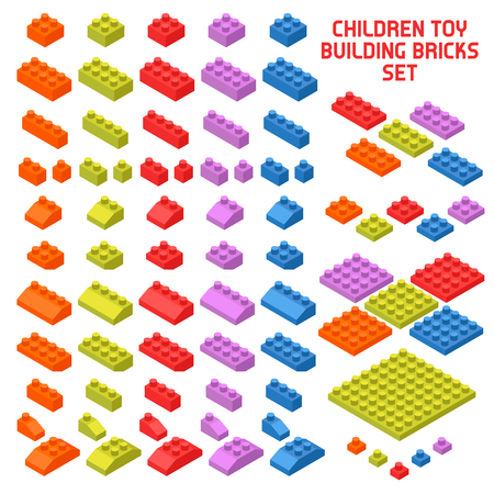 Children toy constructor isometric pieces set with colorful building bricks various shape and size isolated vector illustrationのイラスト素材