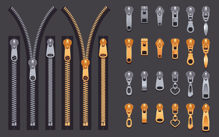 Set of gold and silver metallic closed and open zippers and pullers realistic set isolated on black background vector illustrationのイラスト素材