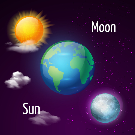 Cosmos realistic composition with images of clouds sun moon and earth planet celestial bodies with text vector illustrationのイラスト素材