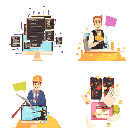 Cryptocurrency 2x2 design concept with people involved in bitcoin mining business  and blockchain technology flat vector illustrationのイラスト素材