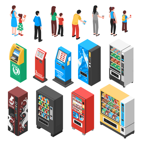 Automaticvending machines selling snacks refreshments coffee soup drinks tickets contraceptives isometric icons collection isolated vector illustration のイラスト素材