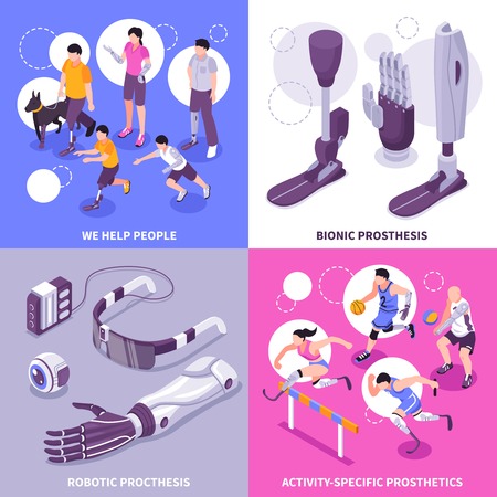 Bionic prosthesis 4 isometric icons concept with robotic limbs for specific activities brain controlled eye vector illustrationのイラスト素材