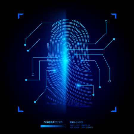 Finger print verification, scanning process of biometric key, recognition system, interface elements on black background vector illustration