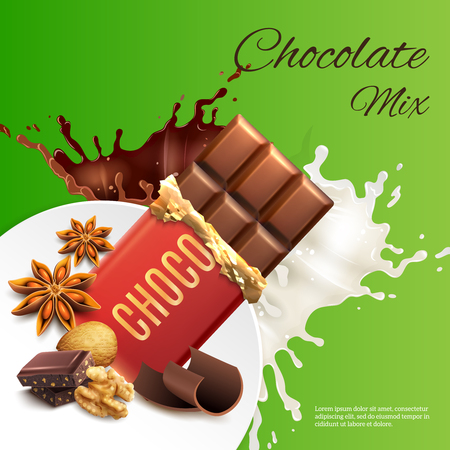 Dark and milk chocolate mix, walnut and anise on white dish, green background realistic vector illustrationのイラスト素材
