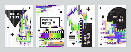 Set of four posters with glitch effect imitating defects of signal on monitor screen flat vector illustrationのイラスト素材