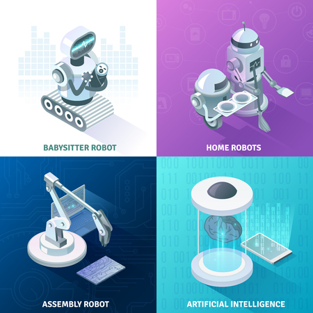 Artificial intelligence, home automated equipment, machine baby sitter, industrial robots isometric design concept, isolated vector illustrationのイラスト素材