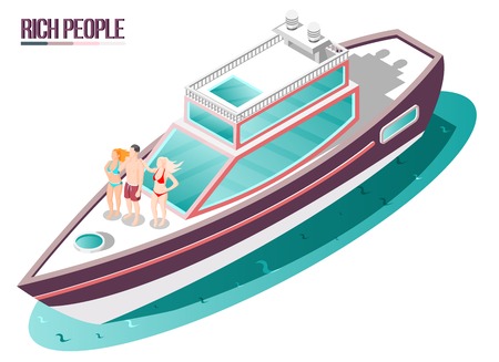 Rich life isometric composition with young people in swimsuits traveling on yacht vector illustrationのイラスト素材
