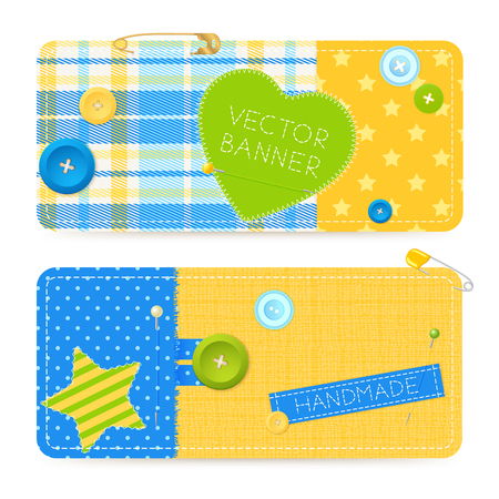 Two realistic horizontal cotton sewing banners set with safety pins buttons fastening handmade label isolated vector illustrationのイラスト素材