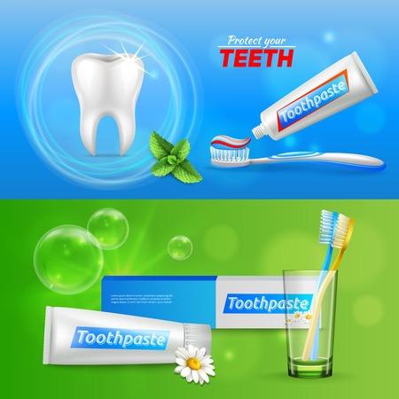Dental oral care 2 realistic horizontal advertisement banners with tooth menthol and chamomile toothpaste isolated vector illustrationのイラスト素材