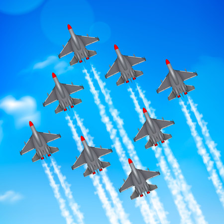 Army air force military parade jet airplanes formation condensation trails against blue sky realistic poster vector illustrationのイラスト素材