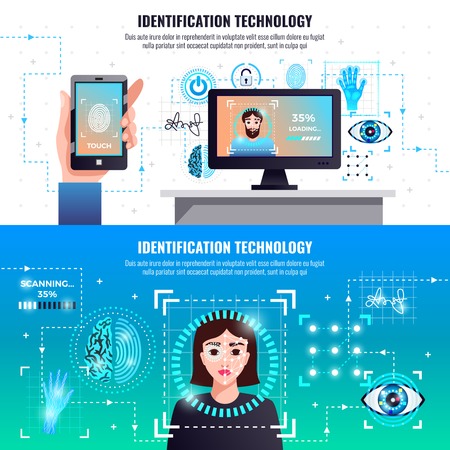 Identification technology 2 infographic elements horizontal banners with face fingerprint signature recognition computer access control vector illustrationのイラスト素材