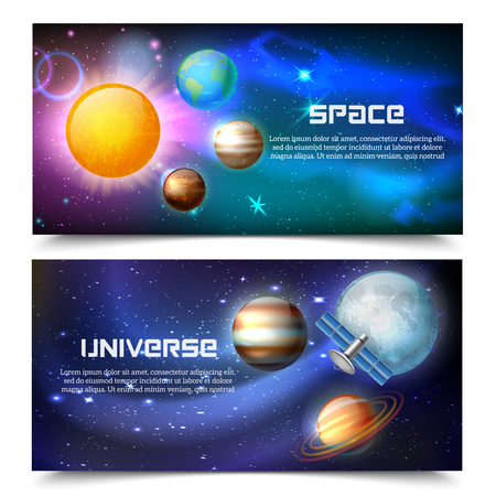 Set of two horizontal cosmos realistic banners with editable text description and compositions of space exploration vector illustrationのイラスト素材