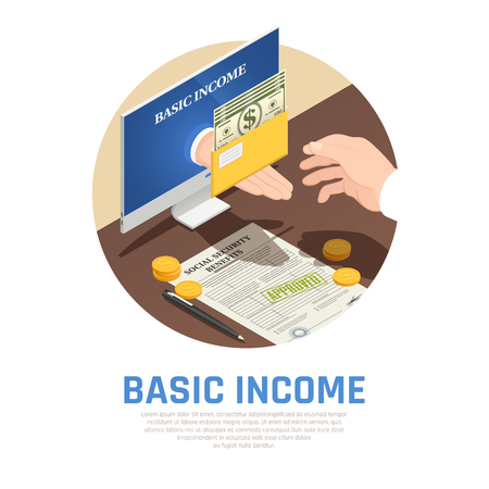 Basic income isometric round composition, monitor with hand giving social benefits vector illustrationのイラスト素材