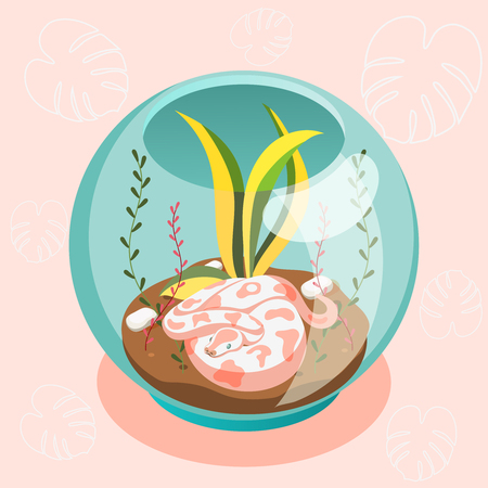 Exotic pets isometric composition with snake snake lying in glass terrarium cartoon vector illustrationのイラスト素材