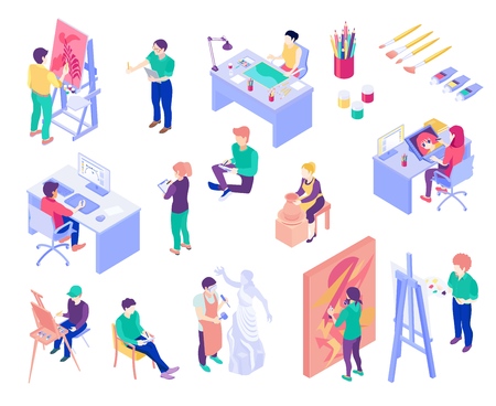 Creative professions artist, potter, graphic designer, sculpture master, set of isometric people isolated vector illustrationのイラスト素材