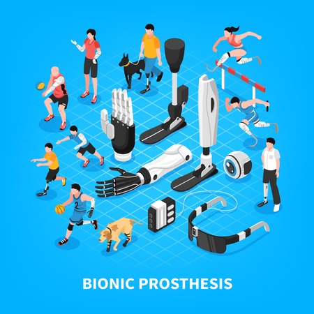 Bionic prothesis isometric composition with robotic arm athletic blade runners artificial limbs vision blue background vector illustrationのイラスト素材
