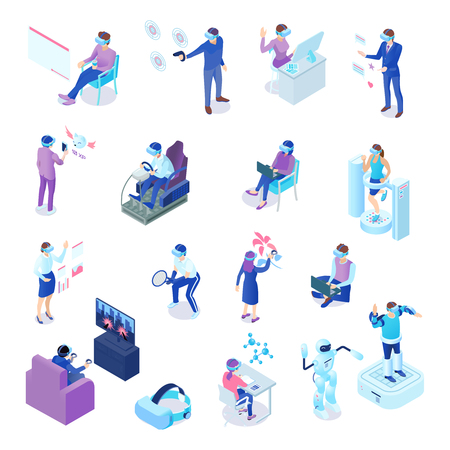 Human characters with virtual reality technology during business process, chat, sport activity, games, learning isolated vector illustrationのイラスト素材