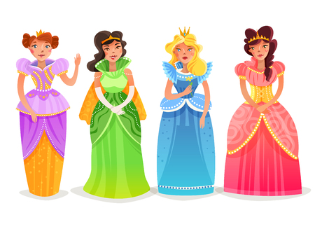 Princesses cartoon set with female characters in bright colorful elegant dresses and crowns  isolated vector illustrationのイラスト素材