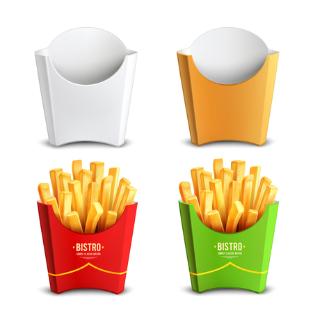 Colorful set of empty and food filled  paper boxes for french fries 2x2 design concept realistic vector illustrationのイラスト素材