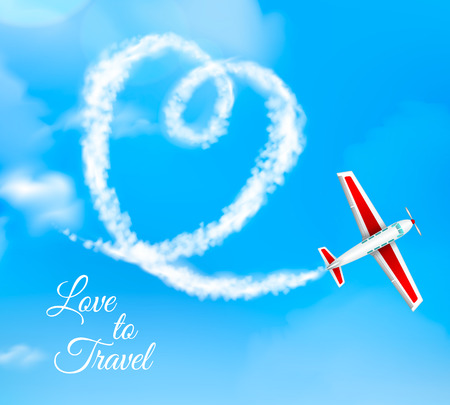 Love to travel heart shaped airplane condensation trail against blue sky background advertisement poster realistic vector illustrationのイラスト素材