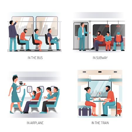 People in transport flat concept design with  with airplane subway train city bus passengers isolated vector illustrationのイラスト素材