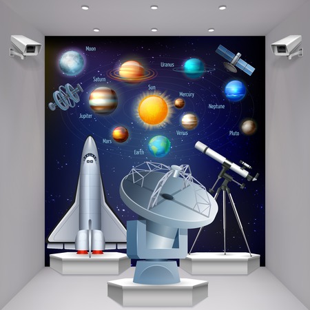 Cosmos realistic composition with view of museum hall with images of planets telescope and space satellite vector illustrationのイラスト素材