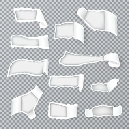 Torn paper curls exposing inner layer through variously shaped holes realistic images collection transparent isolated vector illustrationのイラスト素材