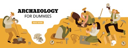 Archaeology for dummies web page header with funny characters on historical dig site amazing findings vector illustrationのイラスト素材