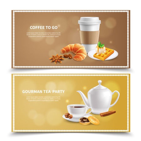 Two horizontal banners with coffee and various desserts for breakfast realistic isolated vector illustrationのイラスト素材