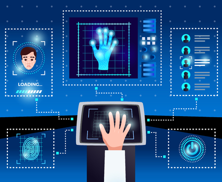 Identification computer technologies schema with integrated touchscreen interface for secure authorized user access blue background vector illustrationのイラスト素材