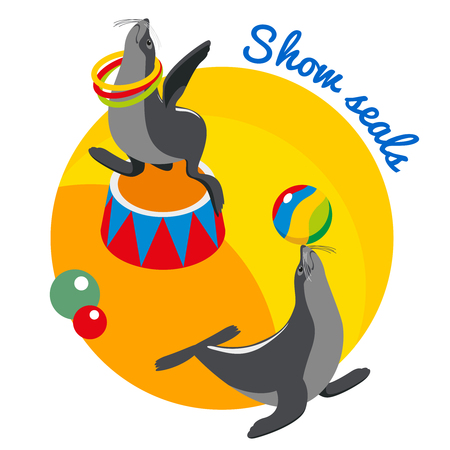 Seals show round design concept with circus animals balancing ball on nose and rotating hoop around neck isometric vector illustrationのイラスト素材
