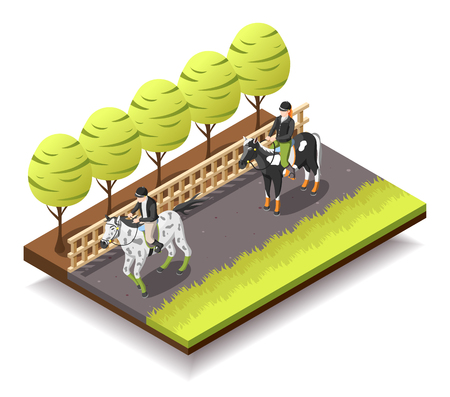 Horse riding isometric composition with riders on horseback in jockey equipment 3d vector illustrationのイラスト素材